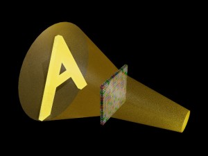 A computer rendering of a sound wave that traveled through an array of acoustic metamaterial and was shaped into a pattern like the letter A one foot past the array. This pattern could not be seen, only heard. (Source: Duke University)